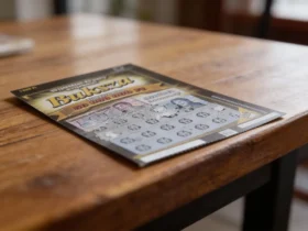 Kaparós sorsjegy, amin a lekapart felület alatt betűk és jelölések láthatók egy asztalon